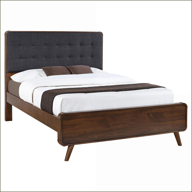 Grand lit plateforme noyer foncé Mid-Century avec revêtement capitonné moelleux pour la chambre principale