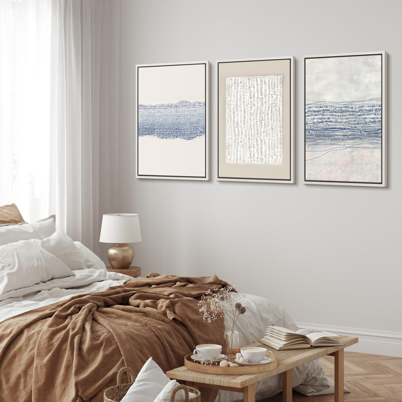 Geometric Line "Grunge Beige Blue Abstract Artwork, Modern Neutral Minimalist Wall Pictures, Large Framed Canvas Giclee Print 3 Pieces Wall Art" 16x24x3 pcs, 24x36x3 pcs