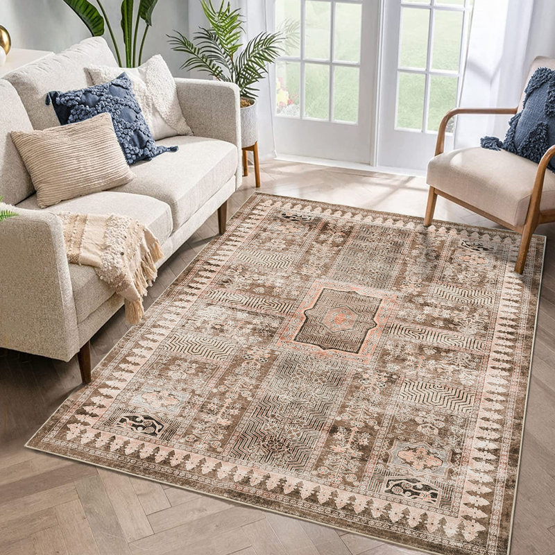 Oriental Machine Washable Area Rug Non-Slip Indoor Carpet Non-Shedding Floral Rug for Living Room Bedroom Dining Room Hallway Kitchen Office Playroom Nursery