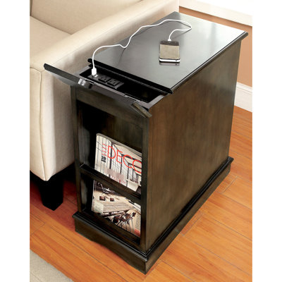 Gray Side Table With Transitional Design, Pull-Out Cup Holder, Built-In Outlet And Storage Compartment, Solid Wood For Strength, 40 Lb Product Weight Of Style Outlet, Holder Cabinet, Durability, 27