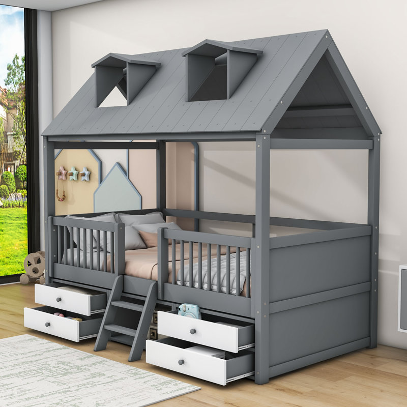 Lit mezzanine avec tiroirs Yacine Kids, Simple, gris
