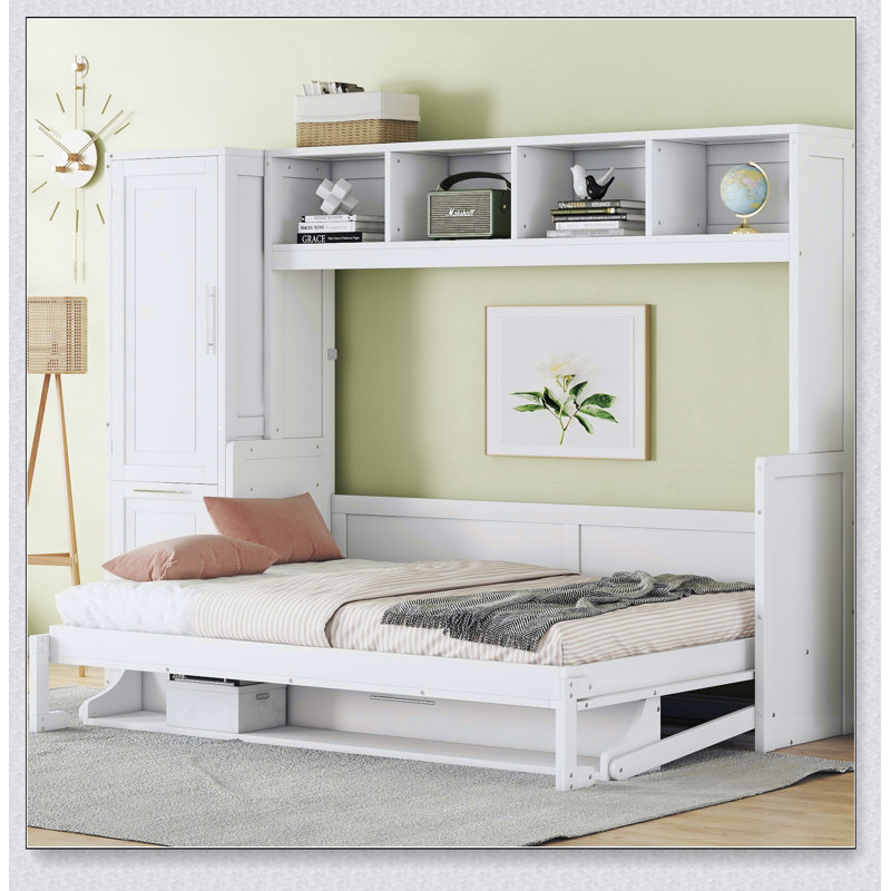 Lit escamotable avec placard et tiroirs - Lit escamotable - Rangement encastré peu encombrant, Blanc, Queen