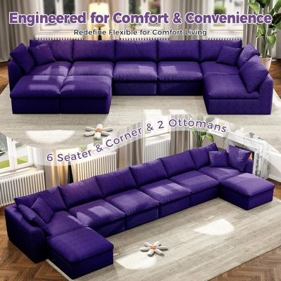 Canapé modulaire modulaire, canapé modulaire Cloud avec siège profond, canapé rembourré sans os pour la chambre à coucher du salon (mauve, 6 places + 2 repose-pieds)