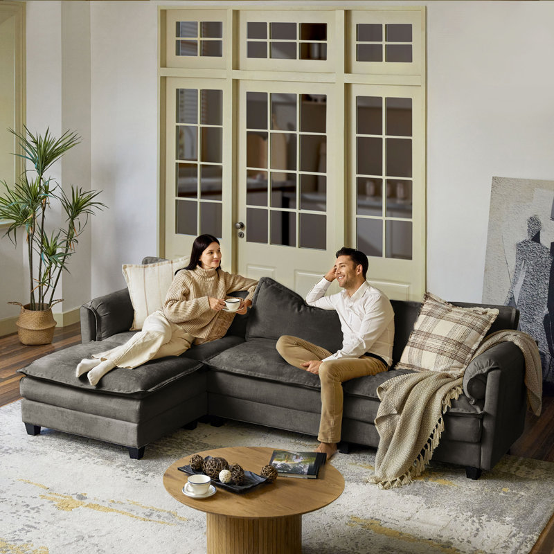 108" W Modern Sectional with Ottoman, Dark Gray Polyester