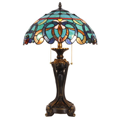 Tiffany Stained Glass Table Lamp 16X16X24 Inch Green Brown Jewelry Baroque Style Desk Bedroom Living Room Antique Reading Light