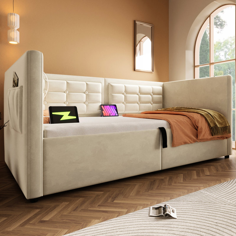 Twin Size Beige Velvet Upholstered Daybed With Hydraulic Storage, & Type - C Charging, Wooden Slats, And Back For A Comfort Filled Bedroom Storage Bed Frame, Back, Suitable Apartments