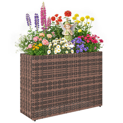 Raised Garden Bed with Adjustable Foot Pads for Patio, Balcony, PE Rattan Wicker Planter, Freestanding Steel Frame Rattan Planter Stand with Removable Liner for Flowers, Vegetables, Brown