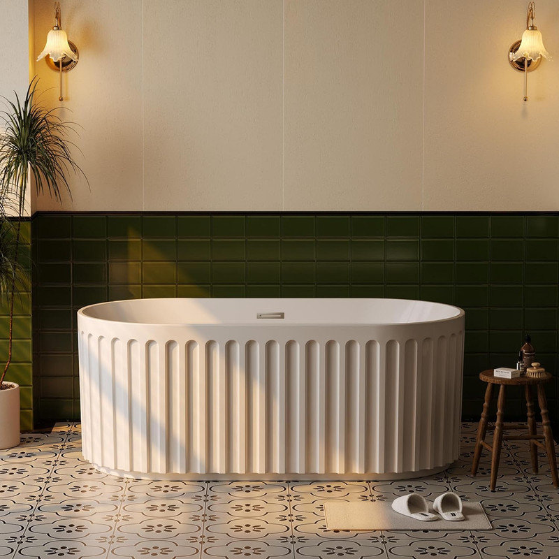  59/67" Acrylic Freestanding Bathtub, Modern Rectangular Soaking Tub with Chrome Drain, cUPC