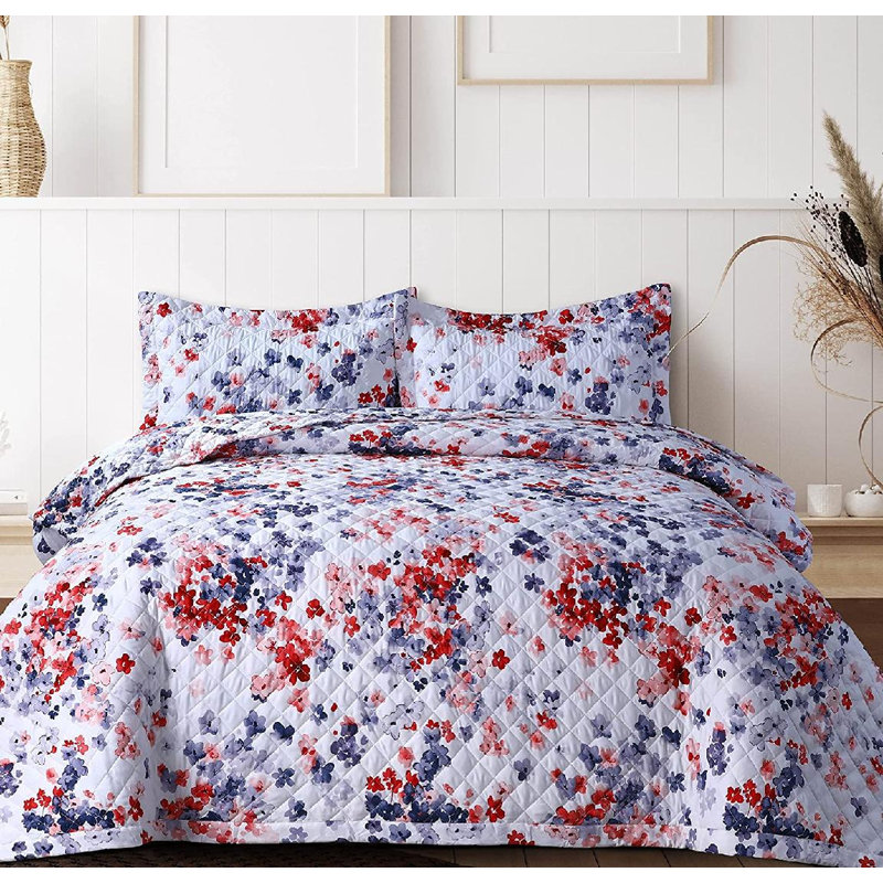 Sateen Floral Quilt, Queen Quilt + 2 Standard Shams, Red/Navy