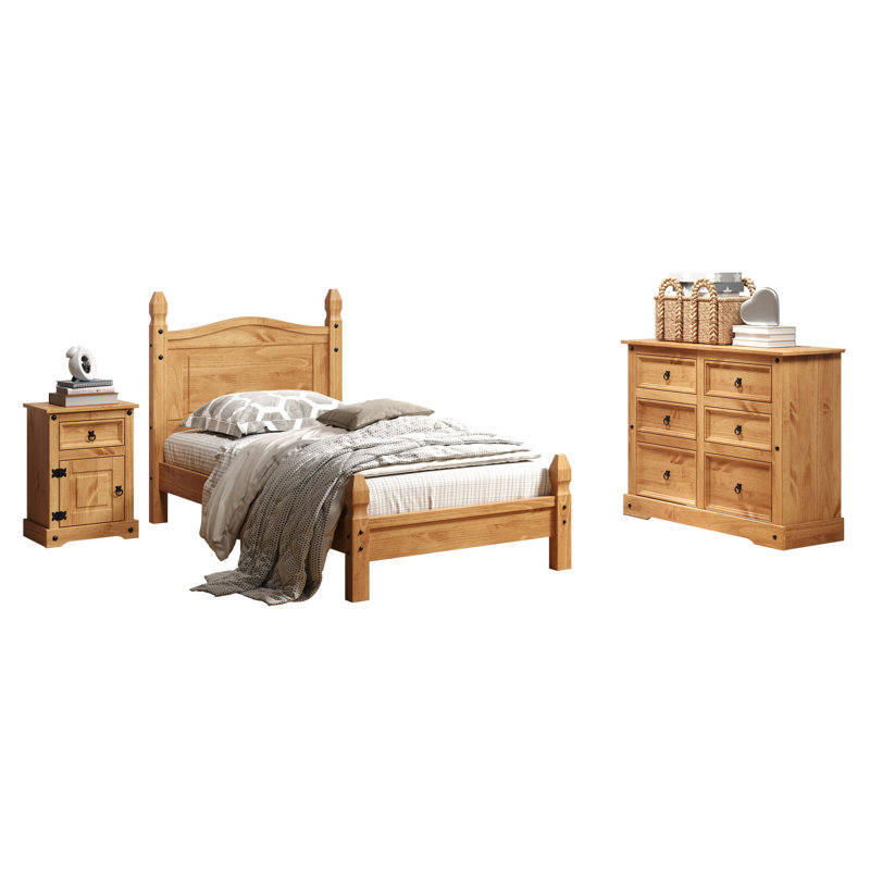 Ensemble de chambre à coucher 3 pièces, une table de chevet, un lit et une grande commode Enye, style rustique en bois massif