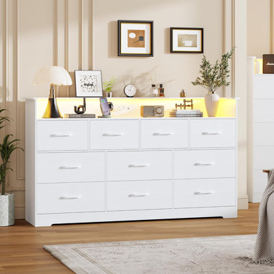 10 Drawer Dresser for Bedroom, 65'' Wide Chest of Drawers with LED Light and Charging Station