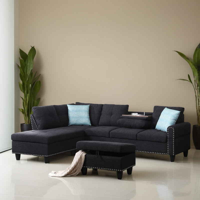 3 - Piece Left Hand Facing Sectional Sofa with Ottoman, Charcoal Gray Linen