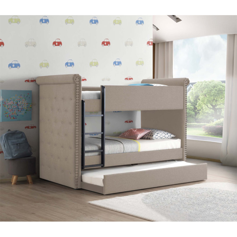 Lit superposé en tissu avec couchette Romana II, entièrement rembourré et élégant pour un sommeil confortable et peu encombrant