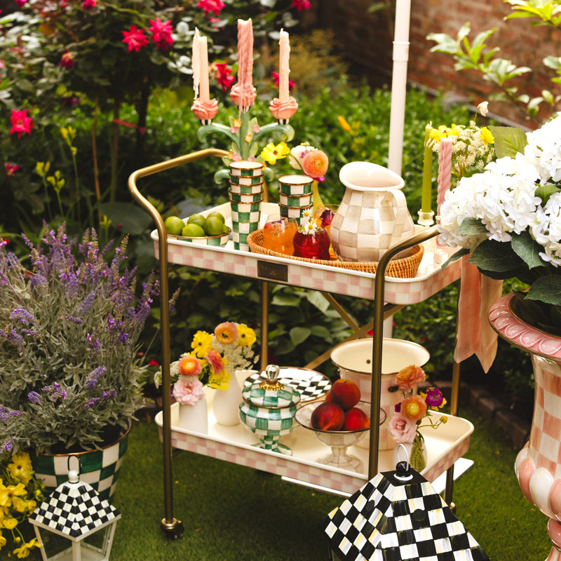 Mocha Check 2-Tier Kitchen Cart, Brass/Pink/White