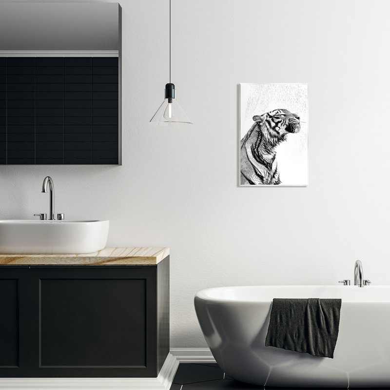 Tiger Bathroom Splash Black and White MDF Wall Art