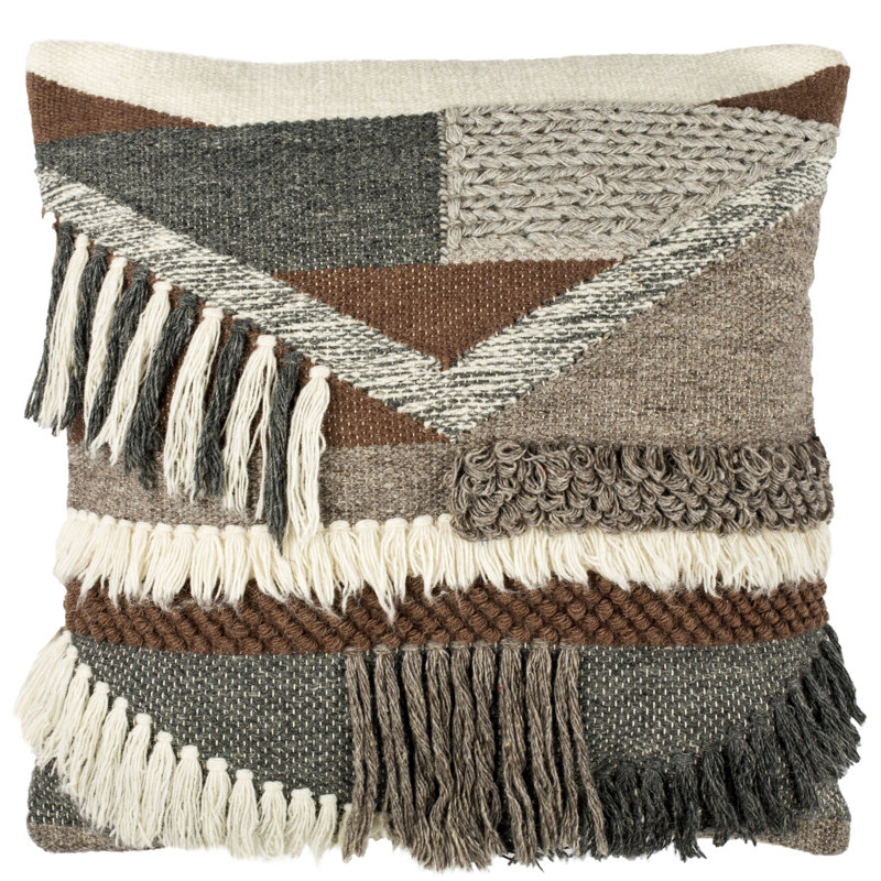 Freja 20" Charcoal and Brown Geometric Wool Throw Pillow