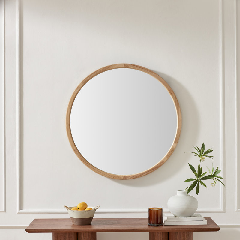 Judy Solid Wood Circular Hallway Wall Mirror - Classic Mid Century Design, Oak