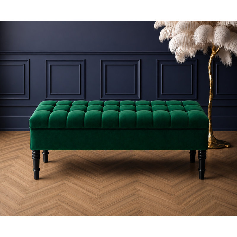 Cubed Tufted Rectangle Ottoman Storage Bench, Upholstered Plush Velvet Shoe Bench with Black Turned Wooden Legs