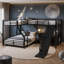 Lit superposé simple au-dessus d'un grand lit en forme de L avec lit mezzanine simple, lit superposé triple en métal avec glissade et ports USB-1704031596