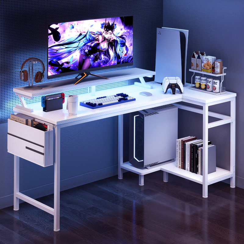 Bureau en L 48 po avec tablette, lumière DEL et prise de courant, bureau d'ordinateur de coin pour le bureau à domicile