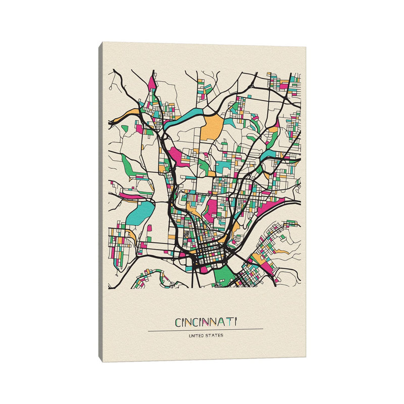 «Cincinnati, Ohio Map» par Ayse Deniz Akerman - impression sur toile tendue, H 26 po x l 18 po x 1,5 po