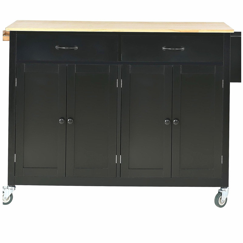 Kitchen Island Cart with Solid Wood Top and Locking Wheels,54.3 Inch Width,4 Door Cabinet and Two Drawers,Spice Rack, Towel Rack (Black)