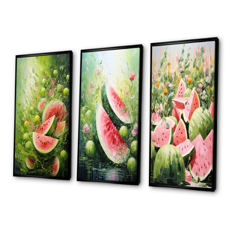 «Green and Pink Brush Melon Bounty I», ensemble de 3 reproductions d'art mural Melon, Cadre flottant noir, H 32 po x l 48 po