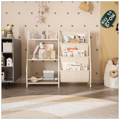 Kids Bookshelf and Toy Storage Organizer, Montessori Bookcase for Toddler Nursery, Wooden & Fabric Book Shelf with Anti-Tip Safety, White
