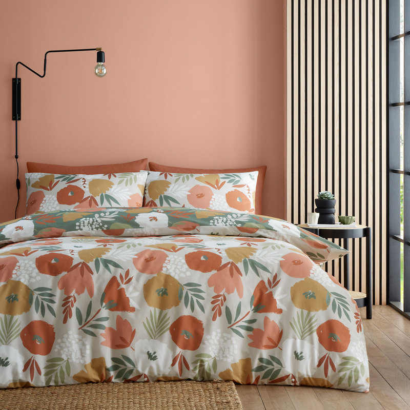 Yasmin 52% Polyester (Recycled) 48% Cotton Floral Duvet Cover Set with Pillowcases, Green