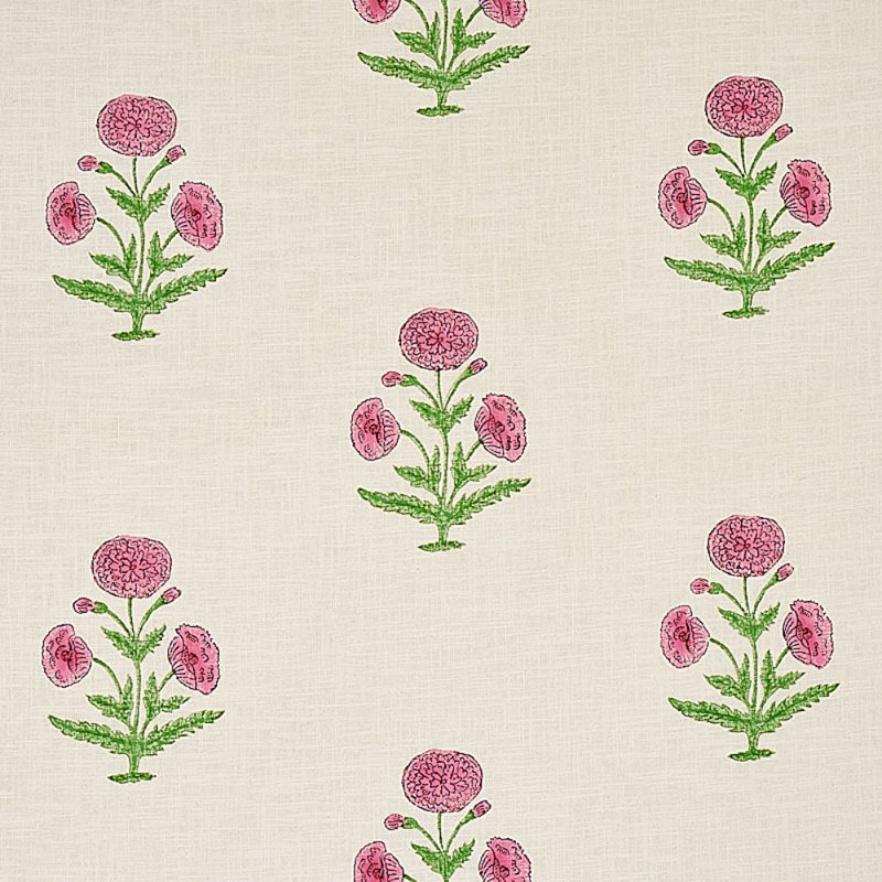 Schumacher x Molly Mahon Poppy Hand Block Print Fabric, Rose/Grass