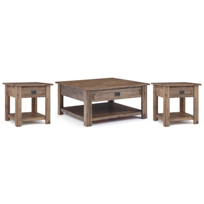 Monroe Solid Acacia Rustic 38 Inch Wide Coffee Table With 2 22 Inch Wide End Tables In Rustic Natural Aged Brown (set Of 3)