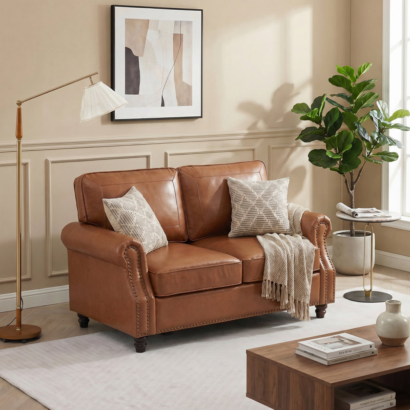 59" Upholstered Loveseat Faux Leather Sofa, Brown
