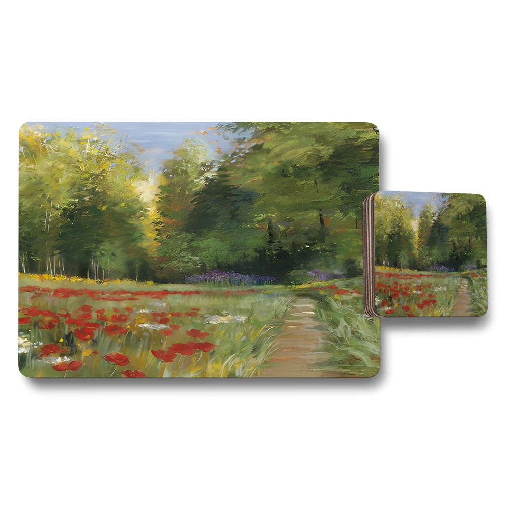 Garden Path Floral Scene Placemat And Coaster Set For Table Decor