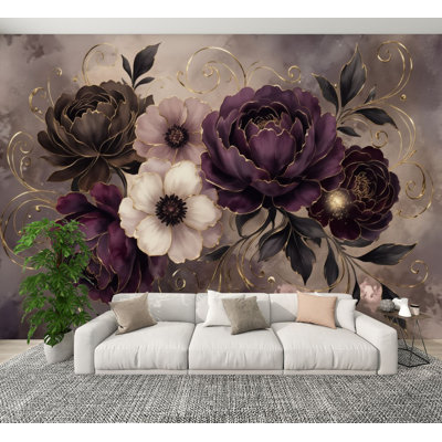 Papier peint auto-adhésif à motif floral pivoines élégantes et abstraites à motif floral doré foncé 100 po x l 144 po H 100 po x l 144 po, adhésif mural amovible pour chambre à coucher, bureau à domicile, bureau