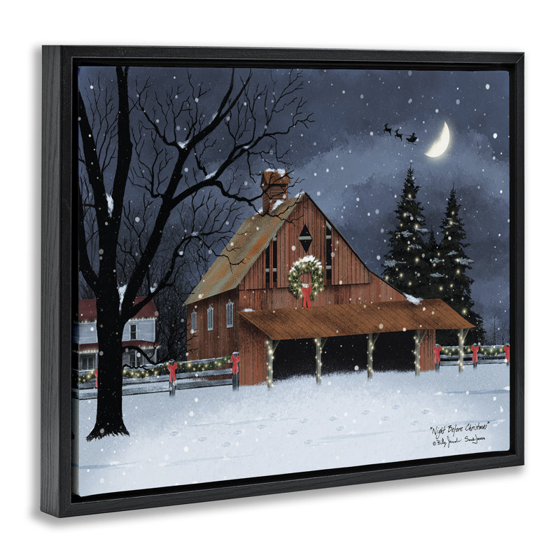 «Night Before Christmas Barn» par Billy Jacobs, H 17 po x l 21 po, Cadre flottant noir de jais