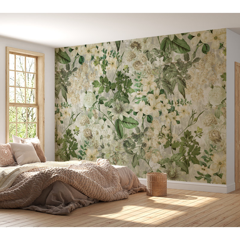 Murale florale pelez et collez Jahmarley - Beige romantique jardin, L 108 po x l 90 po