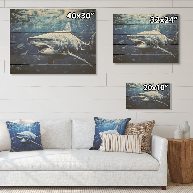 Photographie de profondeur de requin taureau - Art sur bois de pin naturel, H 30 po x l 40 po