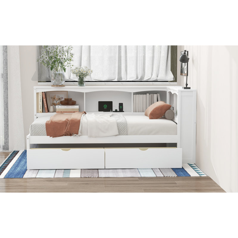 Lit de jour simple blanc avec prises et rangement - Bois massif pour une addition de chambre à coucher élégante