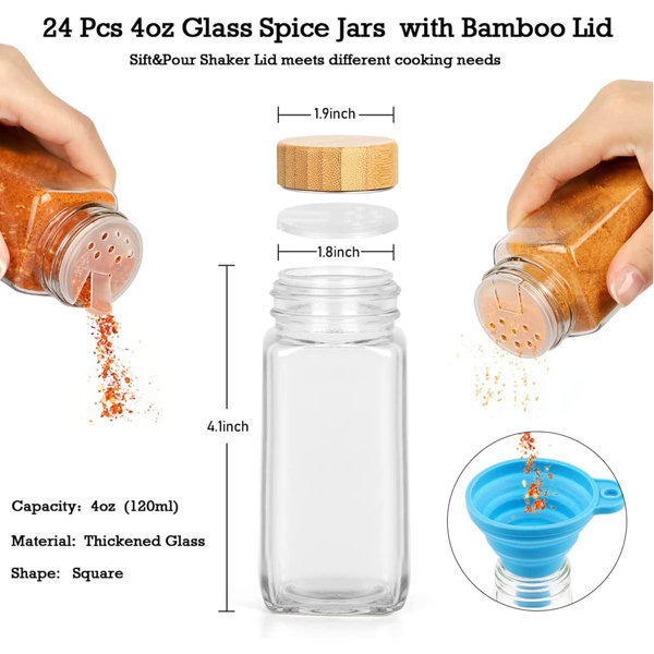 24pcs 120ML Empty Glass Spice Jars Clear Seasoning Bottles with Shaker Lids  Bamboo Lids Labels Silicone Funnel