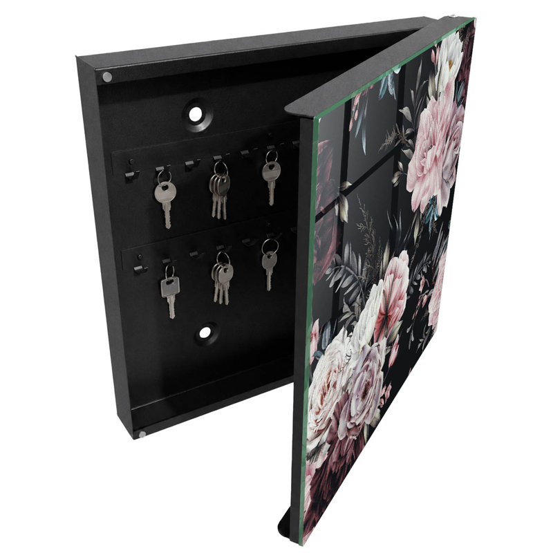 Key storage box, Opens to the left, 30x30x5, White, Stunning flowers on a dark background, 
