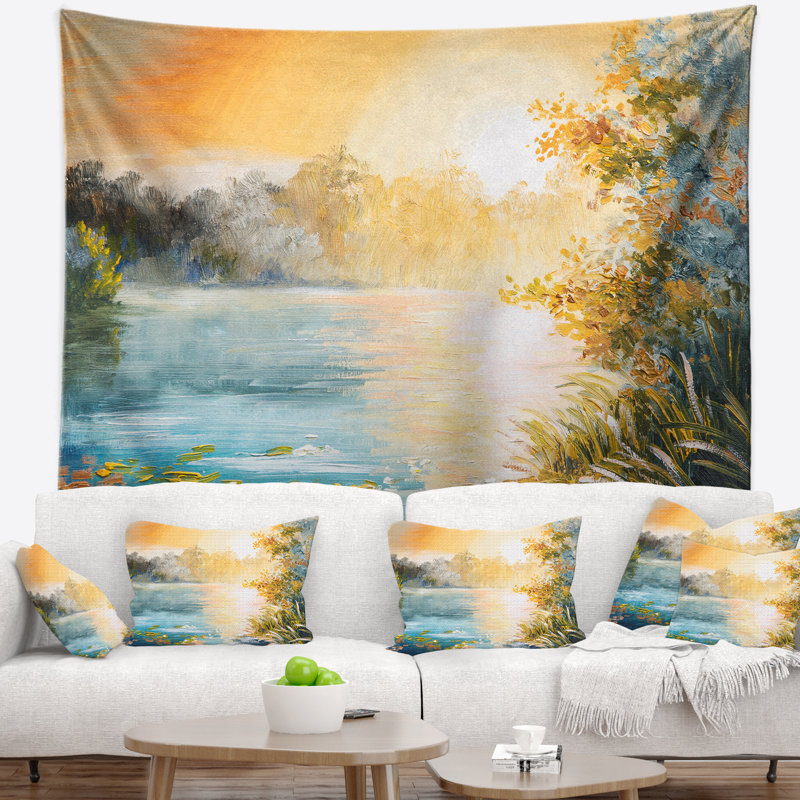 Paysage coucher de soleil sur la tapisserie du lac, H 68 po x l 80 po