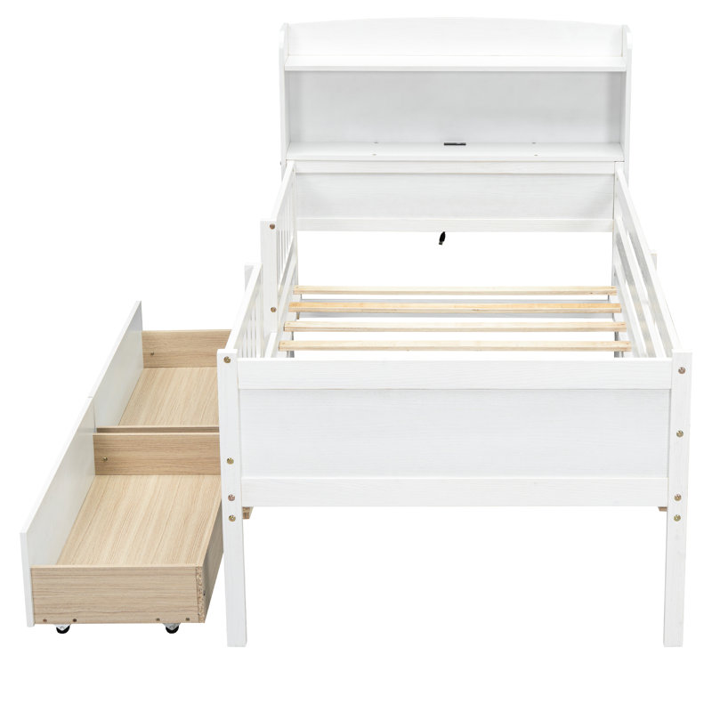 Lit simple en bois avec tête de rangement, tête de lit, garde-corps et 2 tiroirs de couleur blanche à DEL intégrés., White