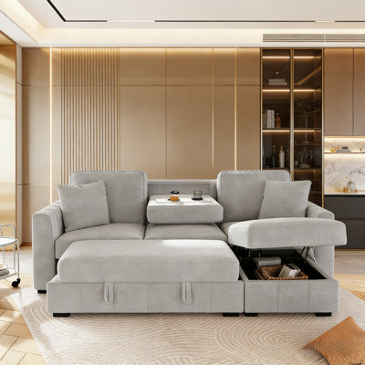 Canapé-lit modulaire en L 90 po avec méridienne réversible avec rangement et coussin de dossier rabattable avec porte-gobelets