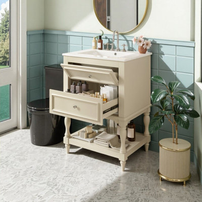 Meuble-lavabo simple 24 po avec lavabo en céramique, tablette ouverte, 2 tiroirs 24 po
