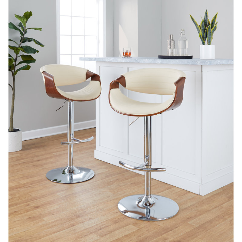 Lakyia Adjustable Faux Leather Bar Stool with Rounded T Footrest (Set of 2), Chrome, Cream/Walnut Wood