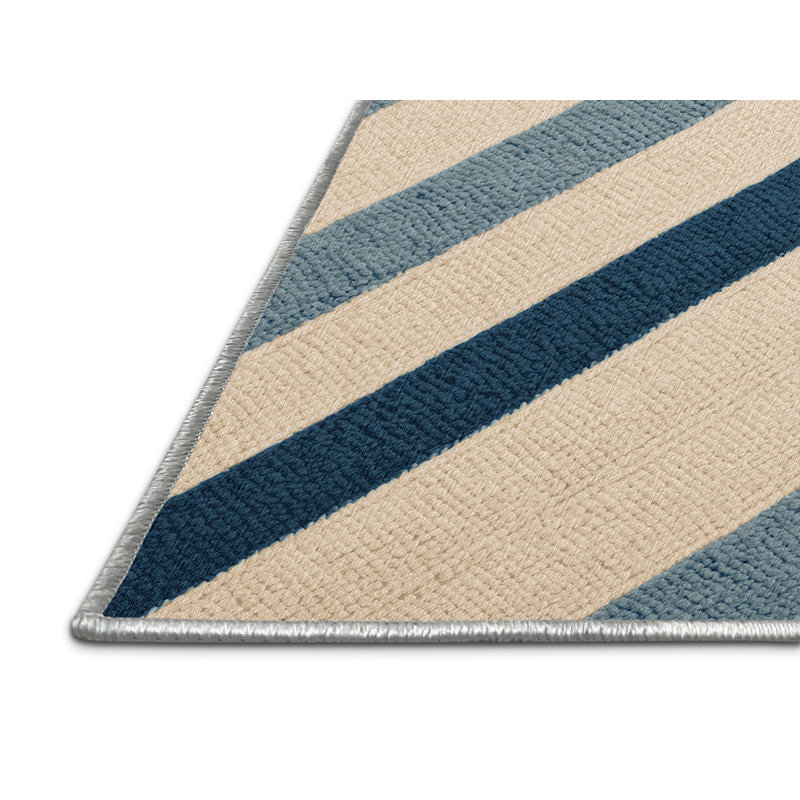  Tapis lavable rayé crème bleu mer, Rond 7 pi