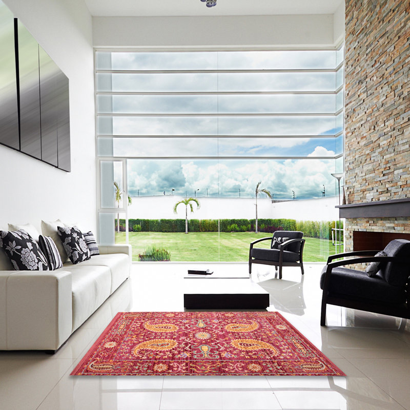 Tapis traditionnel rose / rouge / orange, Carré 7 pi