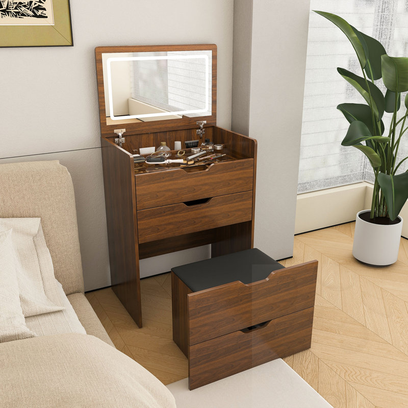 Flip Top Makeup Dressing Table With Lighted Mirror & Stool, Walnut/Black