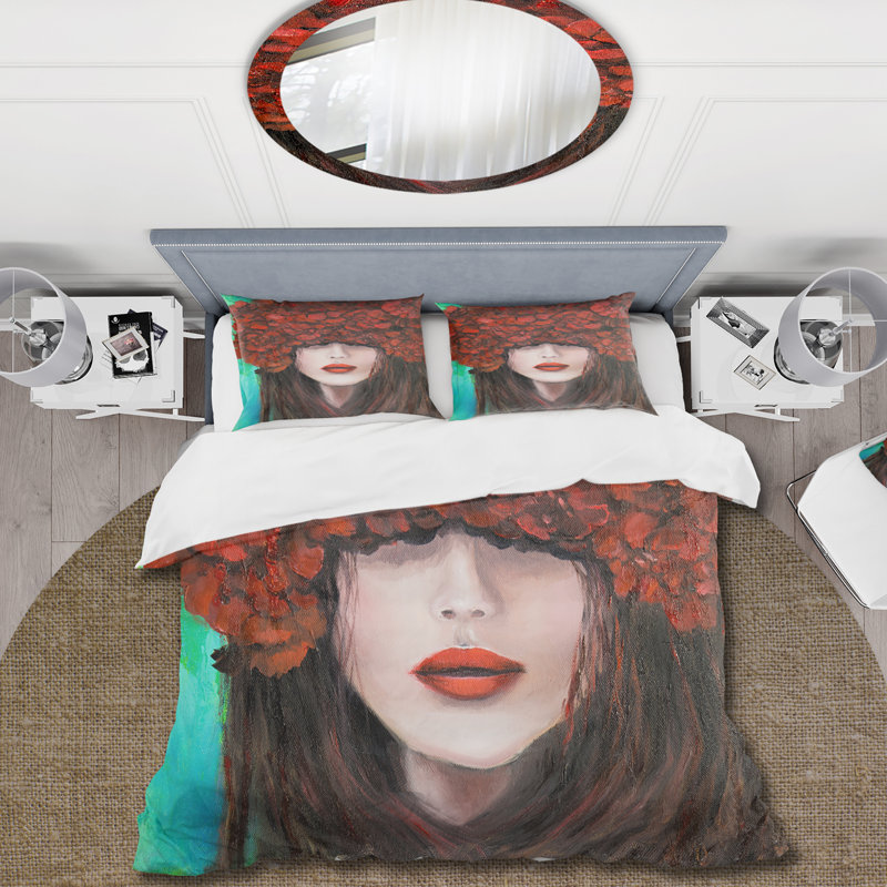 Portrait d'une jeune femme aux fleurs rouges - Ensemble de housse de couette moderne - Microfibre de polyester