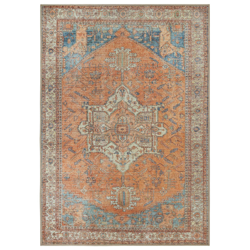 GLN Rugs Traditional Collection - Machine Washable Area Rug, Traditional Washable Rug, Non Slip Washable Rug, Low Pile Chenille Living Room Rug, Bedroom Rug, Kitchen Rug (Burnt Orange Rug)